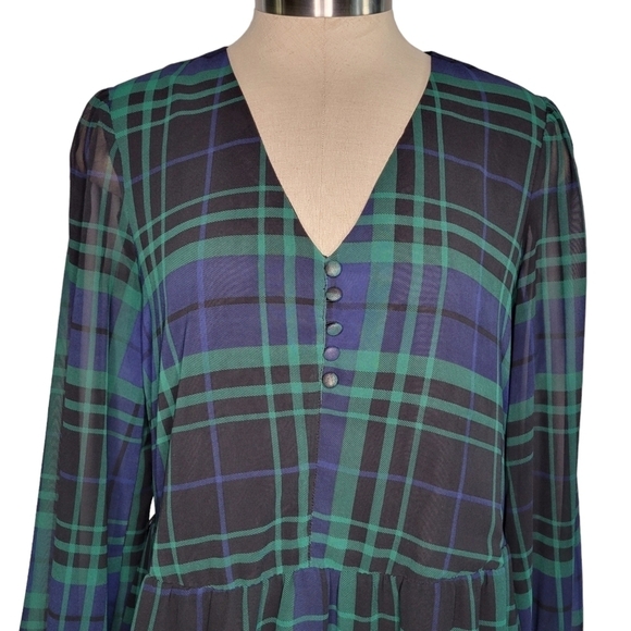 A New Day Green & Blue Tartan Plaid Long Sleeve V-Neck Midi Dress Women's Size S - Picture 2 of 13